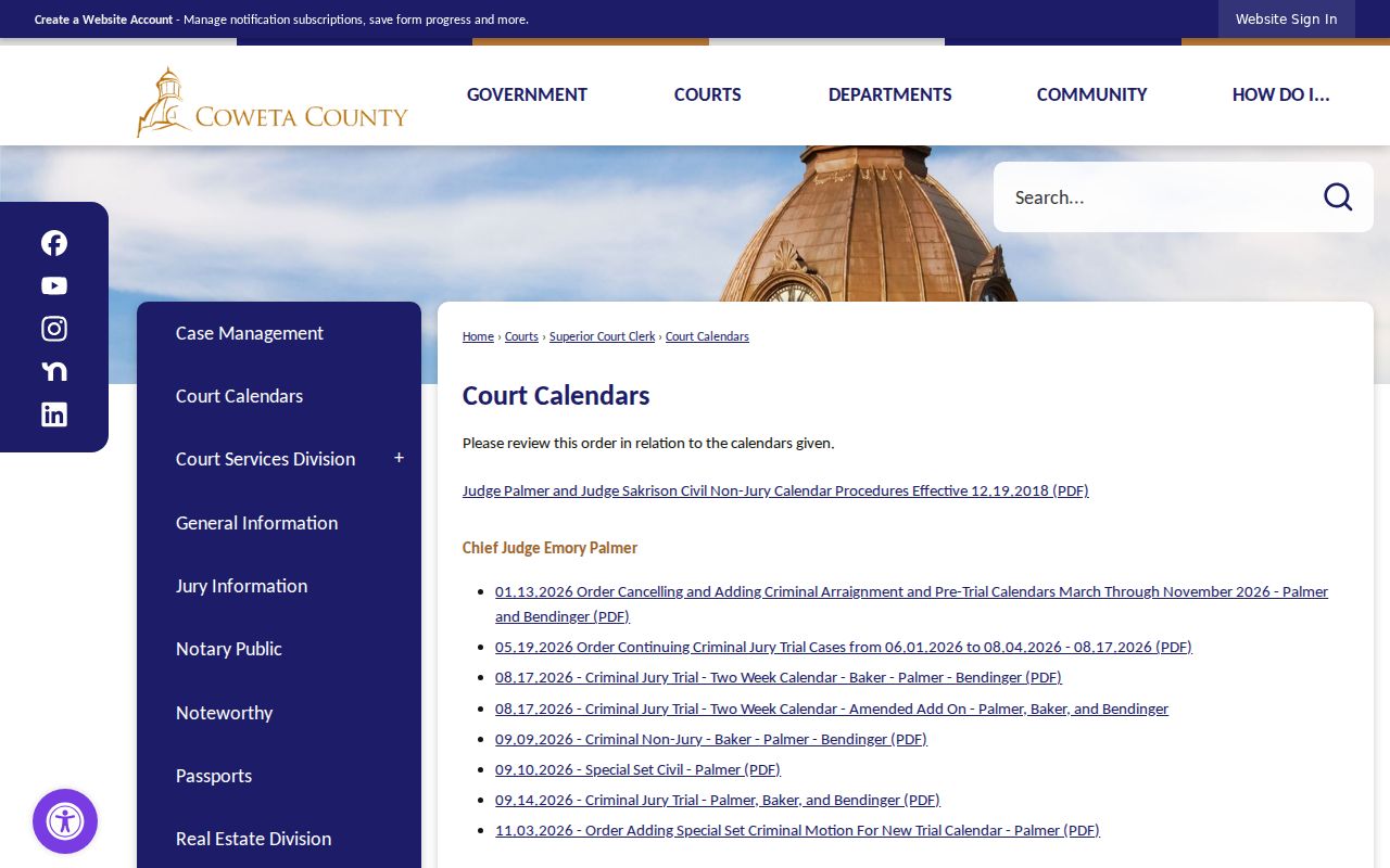 Coweta court calendar index and amended docket settings