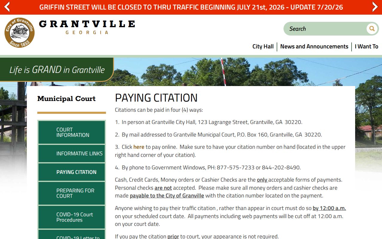 Grantville court docket and GovernmentWindow citation payment record